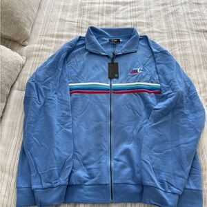 Classic Blue Zip-Up Sweater with Striped Accents